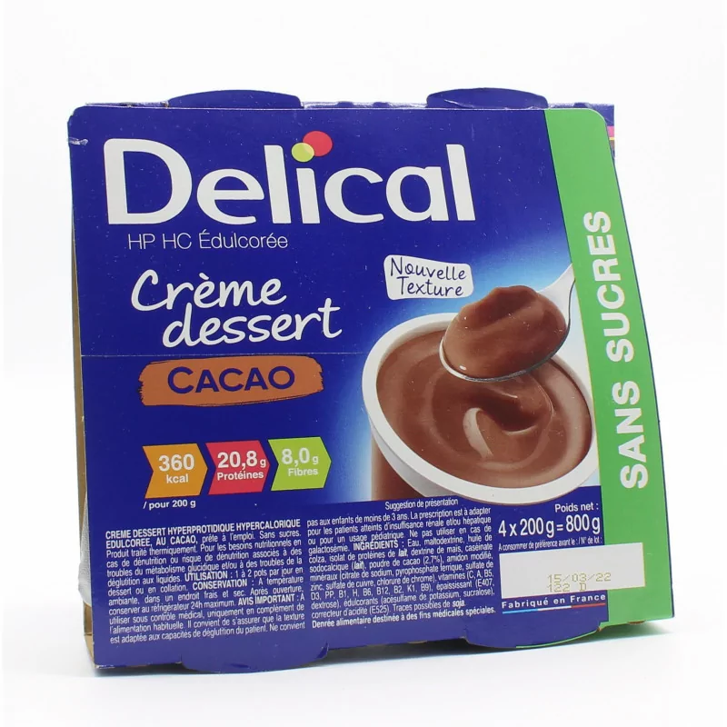 Delical Crème Dessert HP HC Saveur Cacao Sans Sucre 4X200g