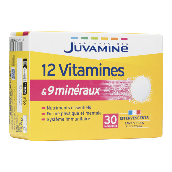 Шипучие таблетки Juvamine, содержащие 12 витаминов и 9 минералов.